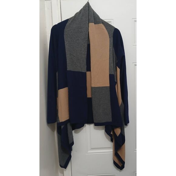 Neiman Marcus womens xl shawl collar waterfall sweater cardigan tan blue - Picture 1 of 6